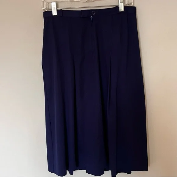 Vintage Navy Pleated Midi Skirt High Waist Gold Button - Picture 7 of 9